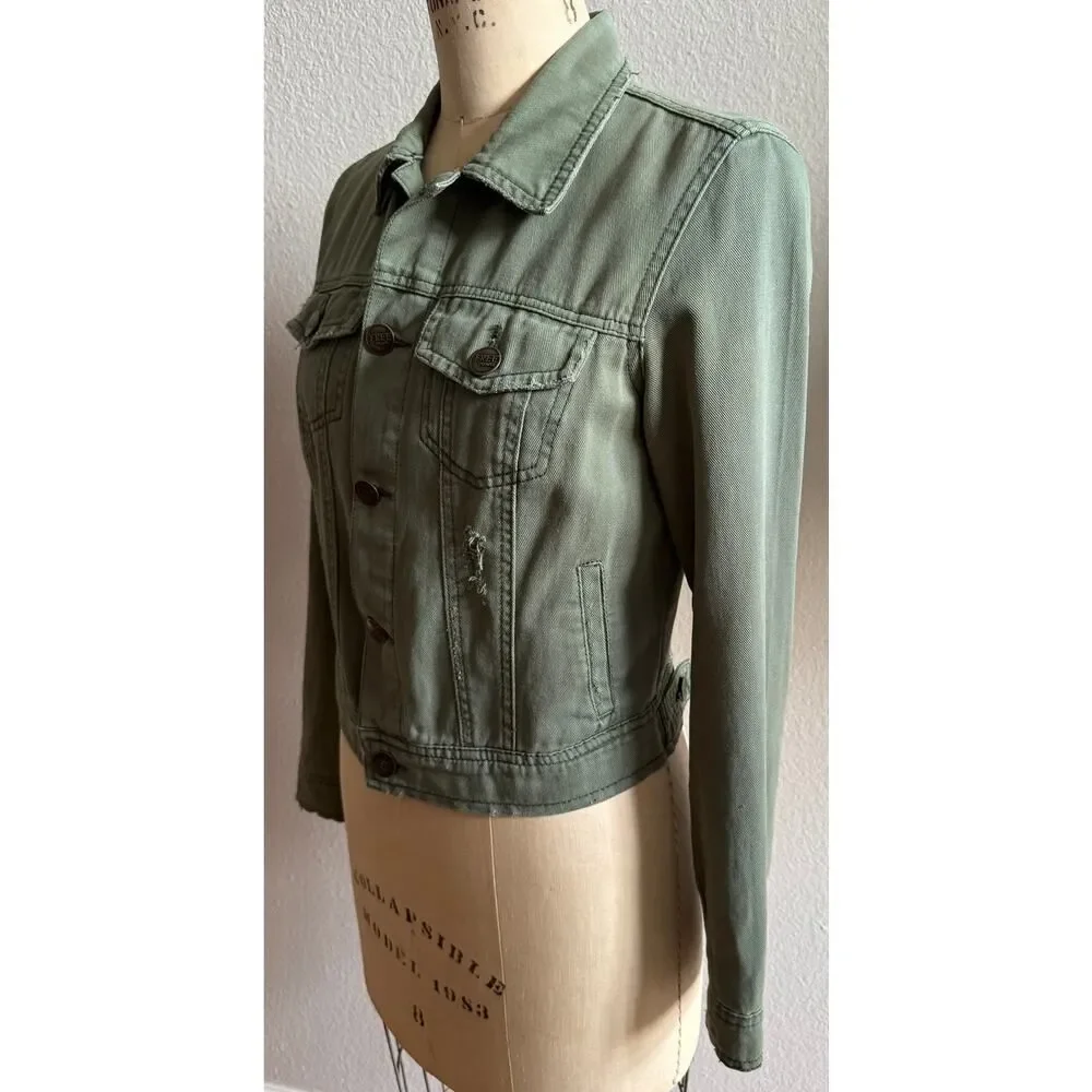 Free People Women's Green Distressed Jean Jacket sz‎ 6 EUC Soft Cotton